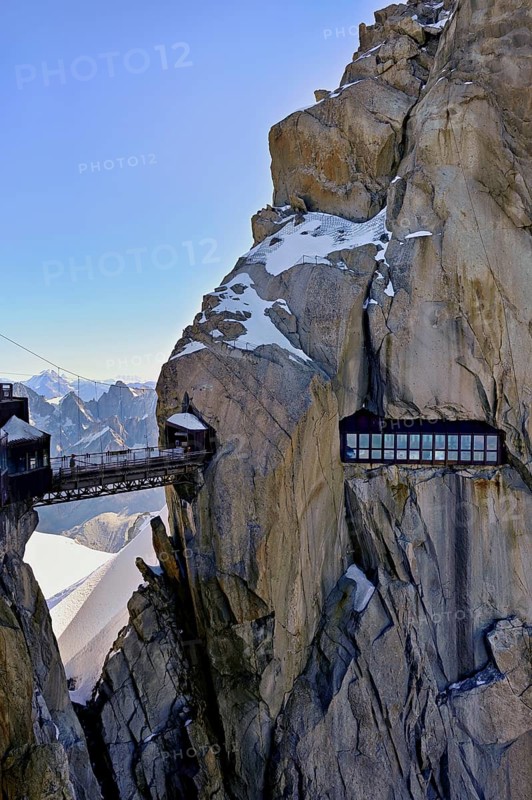 Bridge connecting the viewing platforms, Aiguille du Midi mountain station, Chamonix-Mont-Blanc, Haute-Savoie, France