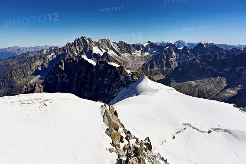 View from the Aiguille du Midi mountain station observation deck of the mountains Aiguille Vert, Les Droites, Les Courtes, Chamonix-Mont-Blanc, Haute-Savoie, France