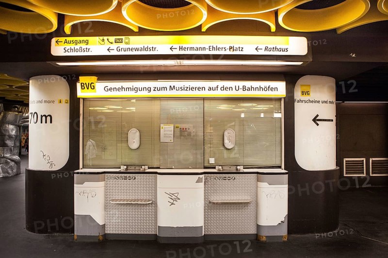 DEU Germany Germany Berlin Closed BVG sales counters at Rathaus Steglitz station, where musicians can buy permission to play music at subway stations