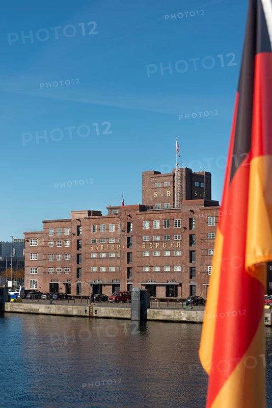 Harbor, Baltic Sea, Kiel Fjord, shipping traffic, wharf, pier, Sartori Berger Speicher, red brick building, architecture, Germany flag, sunshine, blue sky, Schleswig-Holstein, Germany
