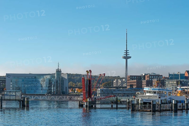 Harbor, Baltic Sea, city view Kiel, Kiel Fjord, shipping traffic, regular ferry service, Hörn bridge, folding bridge, architecture, glass Hörn, telecommunications tower or television tower, sunshine, blue sky, Schleswig-Holstein, Germany
