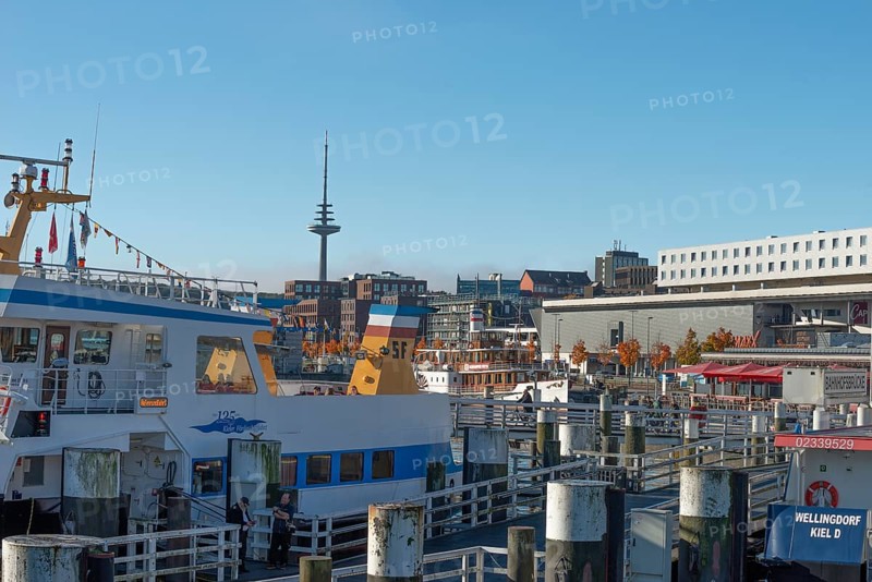 Port, Baltic Sea, Kiel Fjord, shipping, harbor tour, historic paddle steamer Freya, regular ferry service, CAP adventure center, telecommunications tower or television tower, sunshine, blue sky, Schleswig-Holstein, Germany
