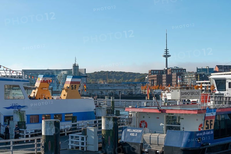 Port, Baltic Sea, Kiel Fjord, shipping traffic, regular ferry service, city view, telecommunications tower or television tower, sunshine, blue sky, Schleswig-Holstein, Germany