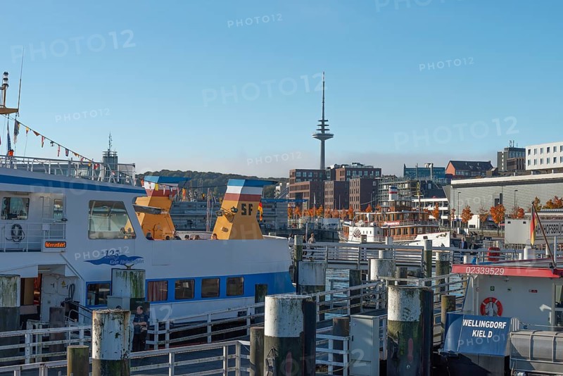 Harbour, Baltic Sea, city view Kiel, Kiel Fjord, shipping traffic, regular ferry service, telecommunications tower or television tower, sunshine, blue sky, Schleswig-Holstein, Germany