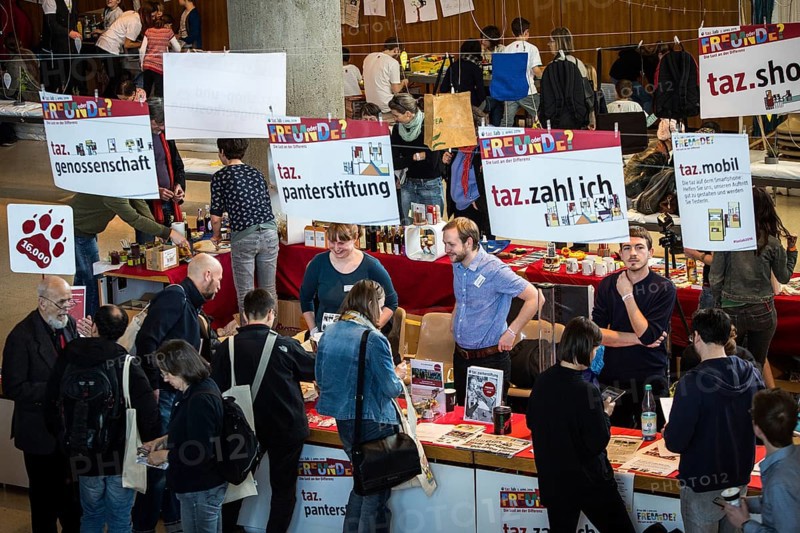 DEU Germany Germany Berlin The TazLab 2016 under the motto 'Strangers or Friends — the Lust for Difference, at the House of World Cultures (HKW) . Taz stands present the publishing house's activities