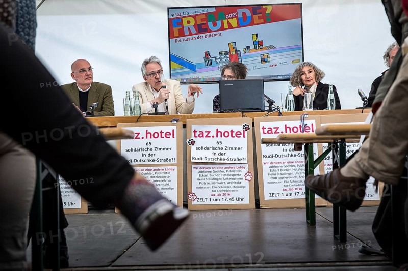 DEU Germany Germany Berlin The TazLab 2016 under the motto 'Strangers or Friends — the Lust for Difference, at the House of World Cultures (HKW) . Information session on the 'taz hotel' initiative