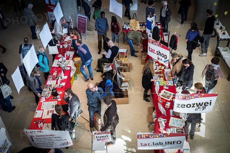 DEU Germany Germany Berlin The TazLab 2016 under the motto 'Strangers or Friends — the Lust for Difference, at the House of World Cultures (HKW) . Taz stands present the publishing house's activities