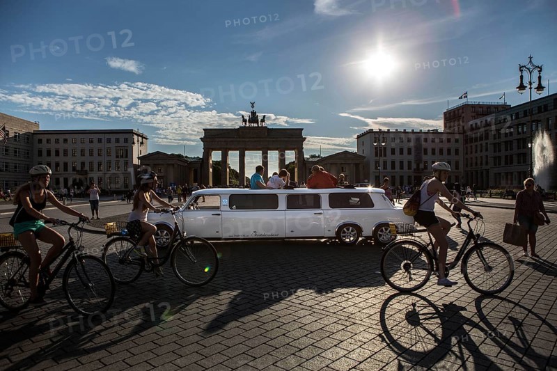 DEU Germany Germany Berlin A stretch trot, an extended version of the former East Trabant car, stands with guests on Pariser Platz in front of the Brandenburg Gate