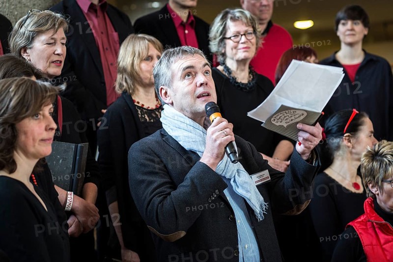 DEU Germany Germany Berlin The TazLab 2016 under the motto 'Strangers or Friends — the Lust for Difference, at the House of World Cultures (HKW) . The Taz Choir sings. Greeting by Jan Feddersen