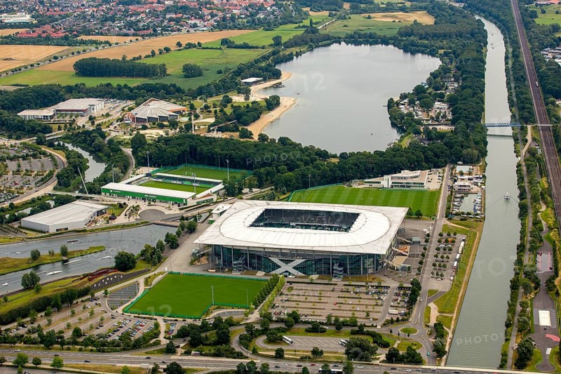 Volkswagen Arena of VfL Wolfsburg, Bundesliga football club, Volkswagenwerk Wolfsburg, Lower Saxony, Germany, Europe, aerial photo, birds-eyes view, aerial photography, aerial photography, overview, bird's eye view, Wolfsburg, Volkswagen, test track, emissions scandal, software manipulation