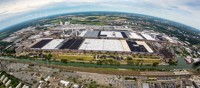 Volkswagen plant Wolfsburg with Autostadt and The Ritz Carlton Hotel, fish-eye-lens, Lower Saxony, Germany, Europe, aerial view, birds-eyes view, aerial photography, aerial photography, overview, bird's-eye view, Wolfsburg, Volkswagen, test track, emissions scandal, software manipulation