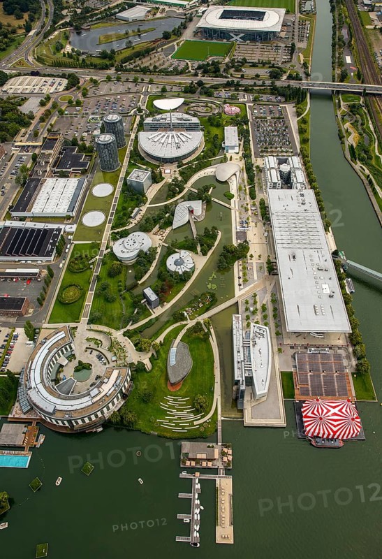 Volkswagen plant Wolfsburg with Autostadt and The Ritz Carlton Hotel, Lower Saxony, Germany, Europe, aerial photo, birds-eyes view, aerial photography, aerial photography, overview, bird's eye view, Wolfsburg, Volkswagen, test track, emissions scandal, software manipulation