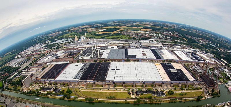 Volkswagen plant Wolfsburg with Autostadt and The Ritz Carlton Hotel, fish-eye-lens, Lower Saxony, Germany, Europe, aerial view, birds-eyes view, aerial photography, aerial photography, overview, bird's-eye view, Wolfsburg, Volkswagen, test track, emissions scandal, software manipulation