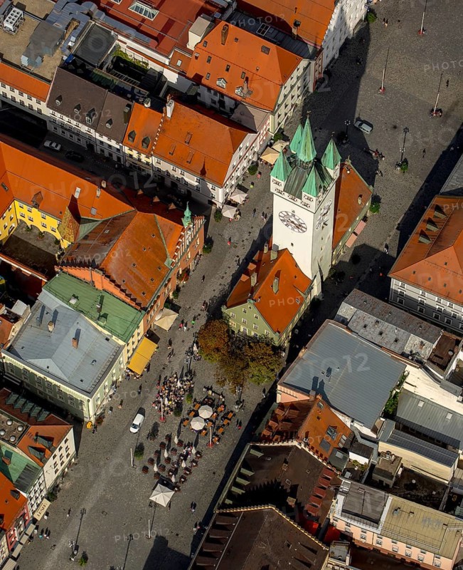 City tower at Theresienplatz, Straubing, East Bavaria, Bavaria, Germany, Europe, aerial view, birds-eyes view, aerial photography, aerial photography, overview, overview, bird's eye view