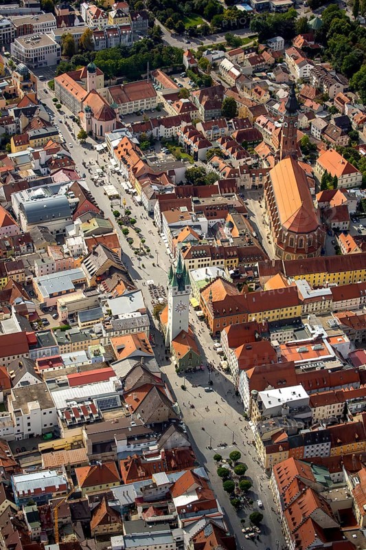 City tower at Theresienplatz, Straubing, East Bavaria, Bavaria, Germany, Europe, aerial view, birds-eyes view, aerial photography, aerial photography, overview, overview, bird's eye view