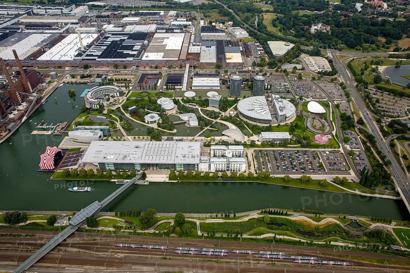 Volkswagen plant Wolfsburg with Autostadt and The Ritz Carlton Hotel, Lower Saxony, Germany, Europe, aerial photo, birds-eyes view, aerial photography, aerial photography, overview, bird's eye view, Wolfsburg, Volkswagen, test track, emissions scandal, software manipulation