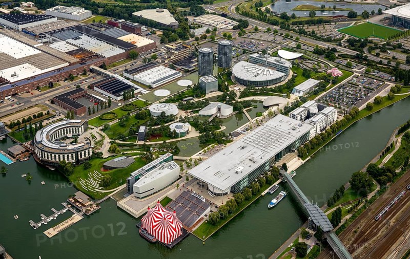 Volkswagen plant Wolfsburg with Autostadt and The Ritz Carlton Hotel, Lower Saxony, Germany, Europe, aerial photo, birds-eyes view, aerial photography, aerial photography, overview, bird's eye view, Wolfsburg, Volkswagen, test track, emissions scandal, software manipulation