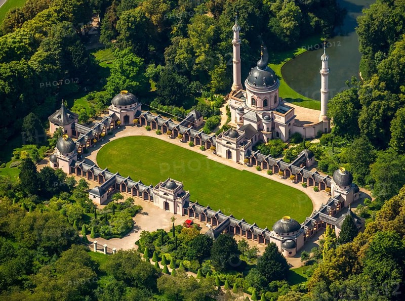 Red Mosque in the Turkish Garden, Schwetzingen Palace with Palace Garden, Schwetzingen, Baden-Württemberg, Germany, Europe, aerial view, birds-eyes view, aerial photography, aerial photography, overview, bird's eye view