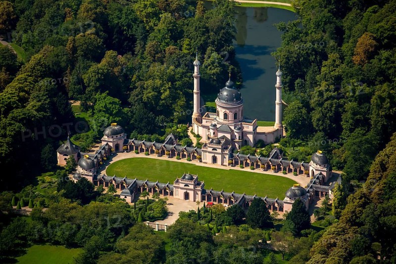 Red Mosque in the Turkish Garden, Schwetzingen Palace with Palace Garden, Schwetzingen, Baden-Württemberg, Germany, Europe, aerial view, birds-eyes view, aerial photography, aerial photography, overview, bird's eye view
