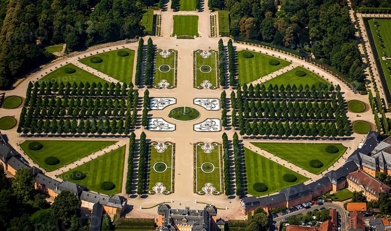 French Garden, Barck Garden with longitudinal and transverse axes, Schwetzingen Palace with Palace Garden, Schwetzingen, Baden-Württemberg, Germany, Europe, aerial view, bird's-eye view, aerial photography, aerial photography, overview, bird's-eye view