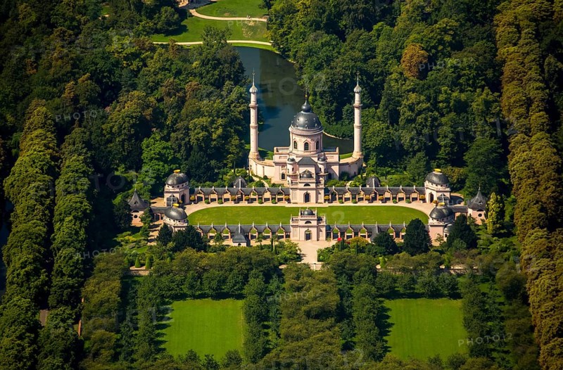 Red Mosque in the Turkish Garden, Schwetzingen Palace with Palace Garden, Schwetzingen, Baden-Württemberg, Germany, Europe, aerial view, birds-eyes view, aerial photography, aerial photography, overview, bird's eye view