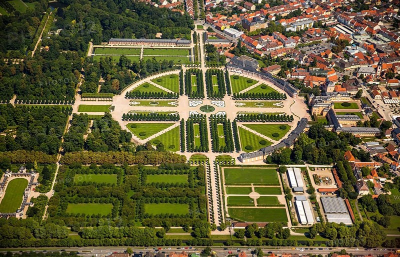 French Garden, Barck Garden with longitudinal and transverse axes, Schwetzingen Palace with Palace Garden, Schwetzingen, Baden-Württemberg, Germany, Europe, aerial view, bird's-eye view, aerial photography, aerial photography, overview, bird's-eye view