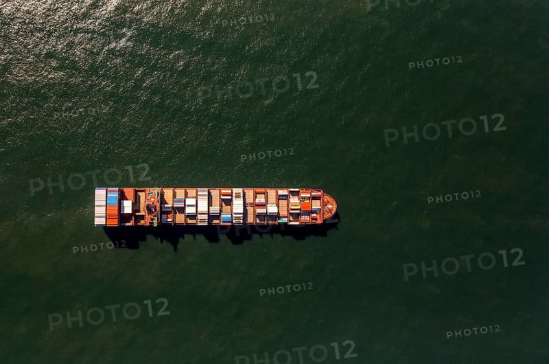 Container ship Maersk Lavras at anchor, aerial view, cargo ships at anchor off Spiekeroog, shipping line, shipping route, at sea, coastal waters, Spiekeroog, North Sea, North Sea island, East Frisian Islands, Lower Saxony, Germany, Europe, birds-eyes view, aerial view, aerial photography, aerial photography, overview, bird's eye view