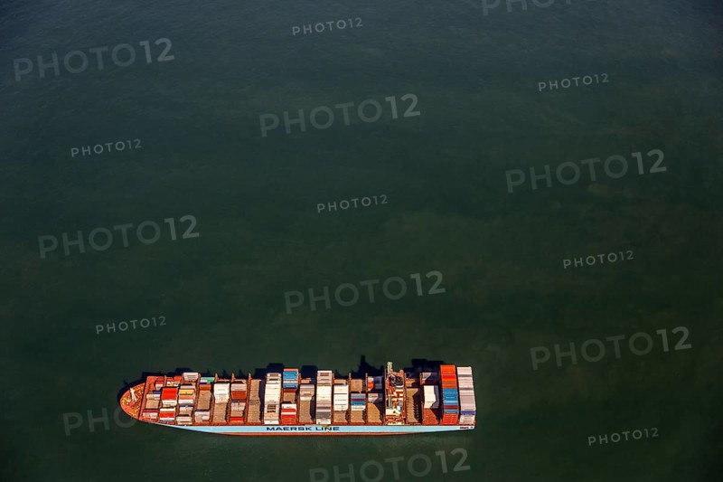 Container ship Maersk Lavras at anchor, aerial view, cargo ships at anchor off Spiekeroog, shipping line, shipping route, at sea, coastal waters, Spiekeroog, North Sea, North Sea island, East Frisian Islands, Lower Saxony, Germany, Europe, birds-eyes view, aerial view, aerial photography, aerial photography, overview, bird's eye view