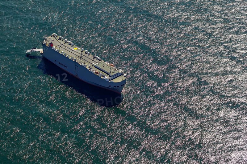 Cargo ship, anchoring car transporter Ocean Highway Panama, aerial view, cargo ships anchored off Spiekeroog, shipping lane, shipping route, at sea, coastal waters, Spiekeroog, North Sea, North Sea island, East Frisian Islands, Lower Saxony, Germany, Europe, birds-eyes view, aerial view, aerial photography, aerial photography, overview, bird's eye view