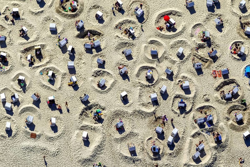 Sandy beach beach with beach chairs and sand walls, sand castles, aerial view, Wangerooge, North Sea, North Sea island, East Frisian Islands, Lower Saxony, Germany, Europe, birds-eyes view, aerial view, aerial photography, aerial photography, overview, bird's eye view