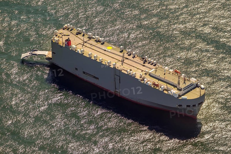 Cargo ship, anchoring car transporter Ocean Highway Panama, aerial view, cargo ships anchored off Spiekeroog, shipping lane, shipping route, at sea, coastal waters, Spiekeroog, North Sea, North Sea island, East Frisian Islands, Lower Saxony, Germany, Europe, birds-eyes view, aerial view, aerial photography, aerial photography, overview, bird's eye view