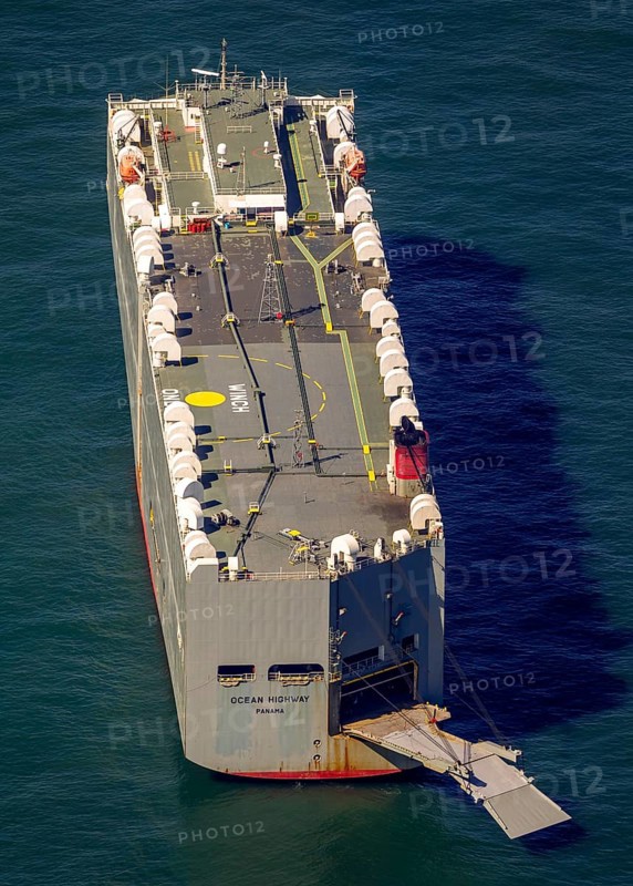 Cargo ship, anchoring car transporter Ocean Highway Panama, aerial view, Spiekeroog, North Sea, North Sea island, East Frisian Islands, Lower Saxony, Germany, Europe, birds-eyes view, aerial photography, aerial photography, aerial photography, overview, bird's eye view