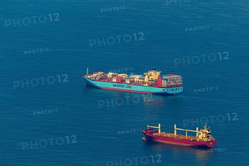 Aerial view, cargo ships at anchor off Spiekeroog, shipping lane, shipping route, at sea, coastal waters, Wangerooge, North Sea, North Sea island, East Frisian Islands, Lower Saxony, Germany, Europe, birds-eyes view, aerial view, aerial photography, aerial photography, overview, bird's eye view