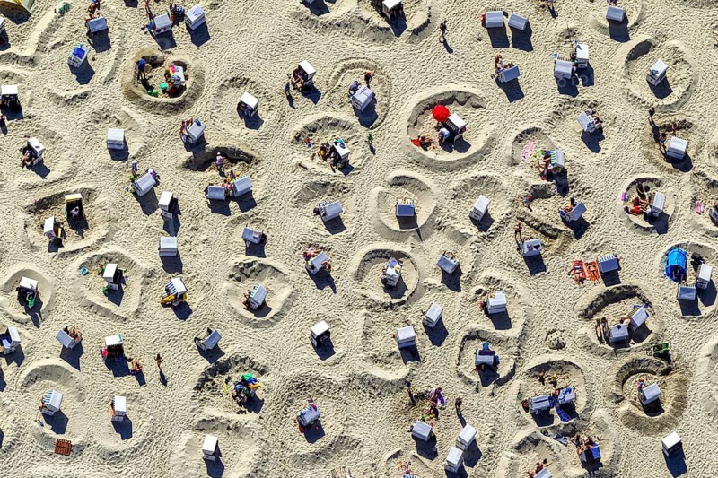 Sandy beach beach with beach chairs and sand walls, sand castles, aerial view, Wangerooge, North Sea, North Sea island, East Frisian Islands, Lower Saxony, Germany