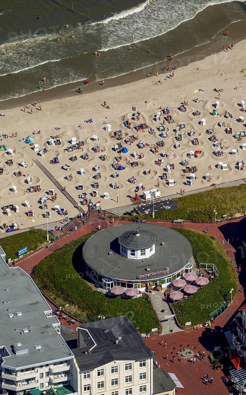 Beach and Café Pudding, aerial view, Wangerooge, North Sea, North Sea island, East Frisian Islands, Lower Saxony, Germany, Europe, birds-eyes view, aerial view, aerial photography, aerial photography, overview, bird's eye view