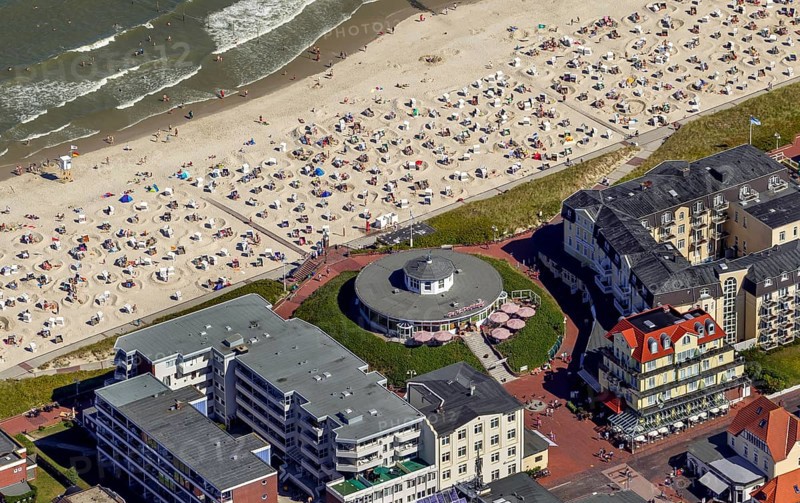 Beach and Café Pudding, aerial view, Wangerooge, North Sea, North Sea island, East Frisian Islands, Lower Saxony, Germany, Europe, birds-eyes view, aerial view, aerial photography, aerial photography, overview, bird's eye view