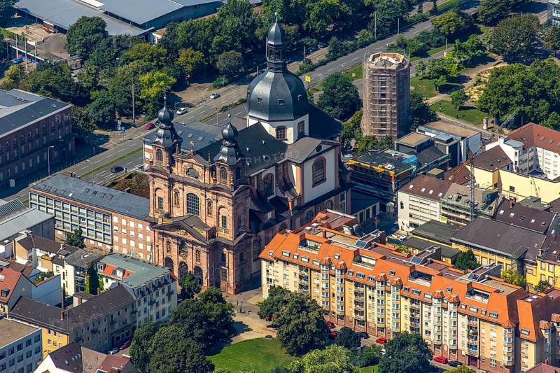 Jesuit church am Schillerplatz Mannheim, Mannheim, Baden-Württemberg, Germany, Europe, aerial view, birds-eyes view, aerial photography, aerial photography, overview, bird's eye view