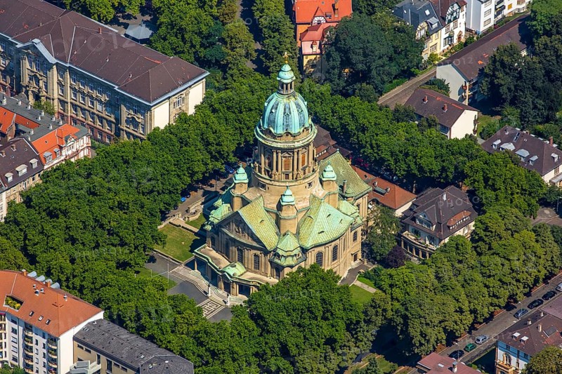 Christuskirche Mannheim, Mannheim, Baden-Württemberg, Germany, Europe, aerial view, birds-eyes view, aerial photography, aerial photography, overview, overview, bird's eye view