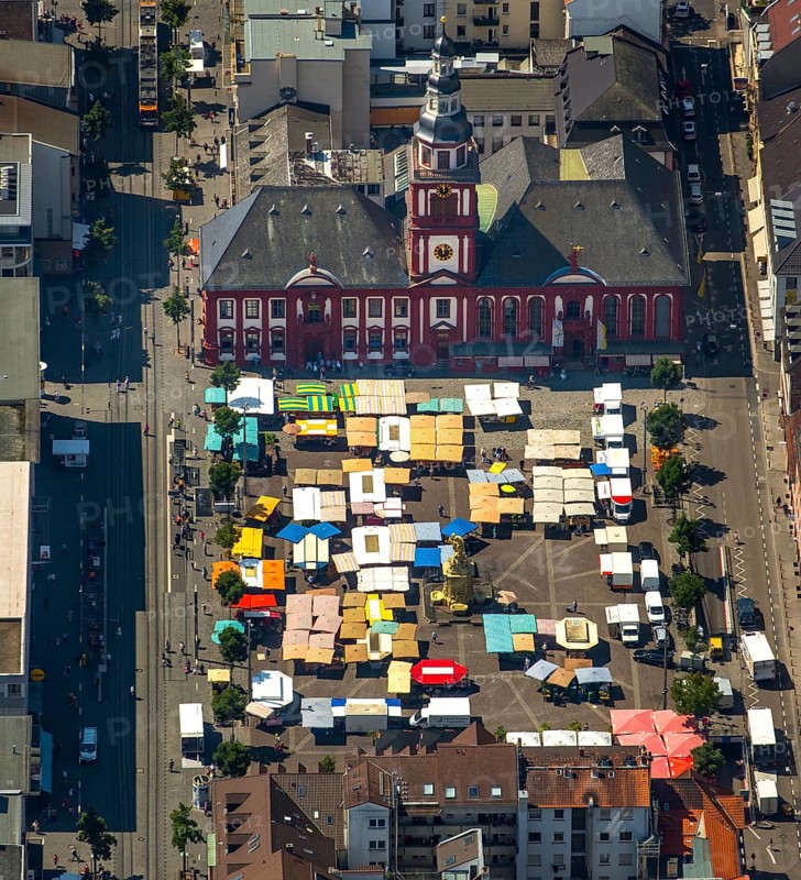 Market square of Mannheim with former town hall of Manheim, St Sebastian's Church, fountain monument by Peter van den Branden, Mannheim, Baden-Württemberg, Germany, Europe, aerial view, bird's eye view, aerial photography, aerial photography, overview, bird's eye view