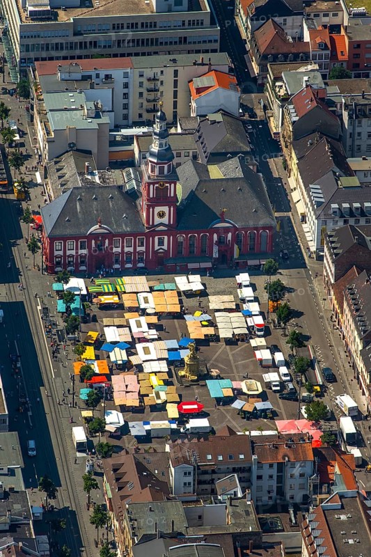Market square of Mannheim with former town hall of Manheim, St Sebastian's Church, fountain monument by Peter van den Branden, Mannheim, Baden-Württemberg, Germany, Europe, aerial view, bird's eye view, aerial photography, aerial photography, overview, bird's eye view