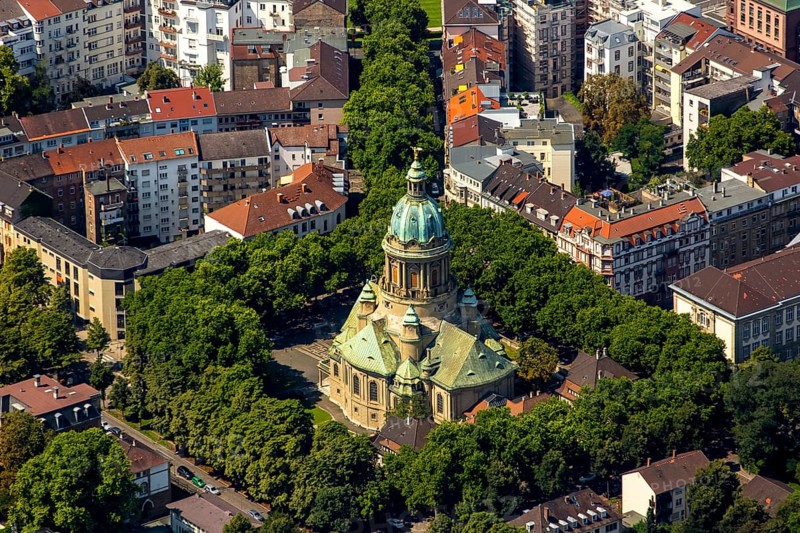 Christuskirche Mannheim, Mannheim, Baden-Württemberg, Germany, Europe, aerial view, birds-eyes view, aerial photography, aerial photography, overview, overview, bird's eye view
