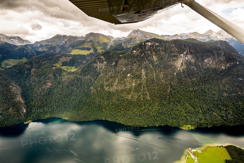 View of the Königssee from a small sports aeroplane, Schönau, Alps, Bavaria, Germany, Europe, aerial view, birds-eyes view, aerial photography, aerial photography, overview, bird's eye view