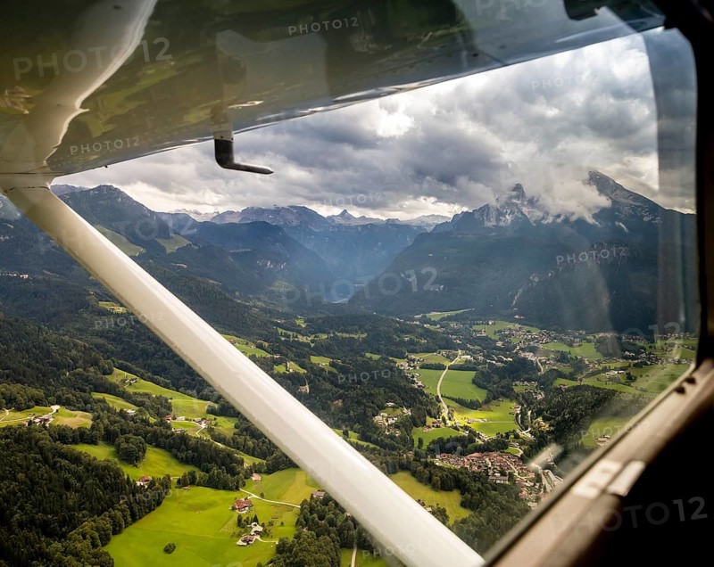 View of the Königssee from a small sports aeroplane, Berchtesgaden, Alps, Bavaria, Germany, Europe, aerial view, birds-eyes view, aerial photography, aerial photography, overview, overview, bird's eye view