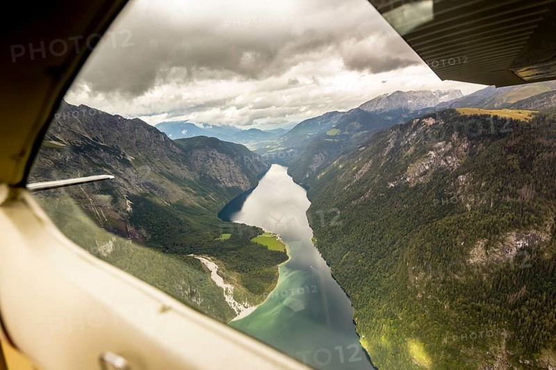 View of the Königssee from a small sports aeroplane, Schönau, Alps, Bavaria, Germany, Europe, aerial view, birds-eyes view, aerial photography, aerial photography, overview, bird's eye view