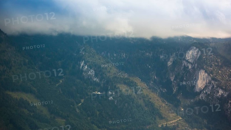 Motorised glider flying over the Alps, Salzburg, Alps, Austria, Europe, aerial view, birds-eyes view, aerial photography, aerial photography, overview, bird's eye view