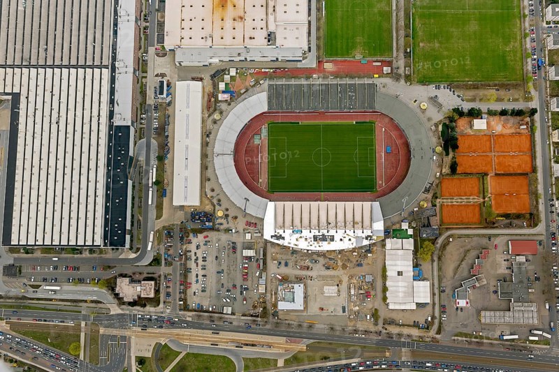 Eintracht Braunschweig stadium with west and east stands, Braunschweiger Turn- und Sportverein Eintracht von 1895 e. V. (BTSV), Bundesliga stadium, aerial view, aerial photography of the city of Braunschweig, Braunschweig, Ruhr area, Lower Saxony, Germany, Europe, birds-eyes view, aerial photography, aerial photography, overview, overview, bird's-eye view