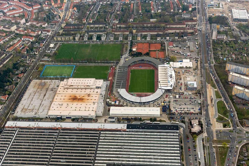 Eintracht Braunschweig stadium with west and east stands, Braunschweiger Turn- und Sportverein Eintracht von 1895 e. V. (BTSV), Bundesliga stadium, aerial view, aerial photography of the city of Braunschweig, Braunschweig, Ruhr area, Lower Saxony, Germany, Europe, birds-eyes view, aerial photography, aerial photography, overview, overview, bird's-eye view