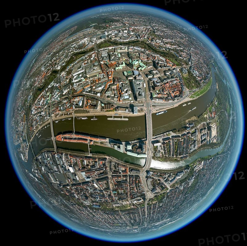 City hall Bremen, overview of the old town island Bremen between Weser and Wallgraben, city centre Bremen, city, aerial view, aerial photography of Bremen, Bremen, Germany, Europe, birds-eyes view, aerial photography, aerial photography, overview, bird's eye view, fisheye lens, fisheye lens