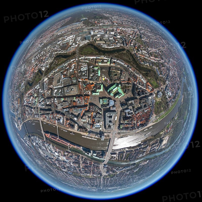City hall Bremen, overview of the old town island Bremen between Weser and Wallgraben, city centre Bremen, city, aerial view, aerial photography of Bremen, Bremen, Germany, Europe, birds-eyes view, aerial photography, aerial photography, overview, bird's eye view, fisheye lens, fisheye lens