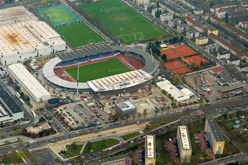 Eintracht Braunschweig stadium with west and east stands, Braunschweiger Turn- und Sportverein Eintracht von 1895 e. V. (BTSV), Bundesliga stadium, aerial view, aerial photography of the city of Braunschweig, Braunschweig, Ruhr area, Lower Saxony, Germany, Europe, birds-eyes view, aerial photography, aerial photography, overview, overview, bird's-eye view
